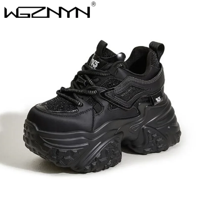 Synthetic Genuine Leather 10cm Chunky Sneakers Women Comfortable Vulcanize Shoes NEW Spring Bling Autumn Boots Mixed Color Shoes