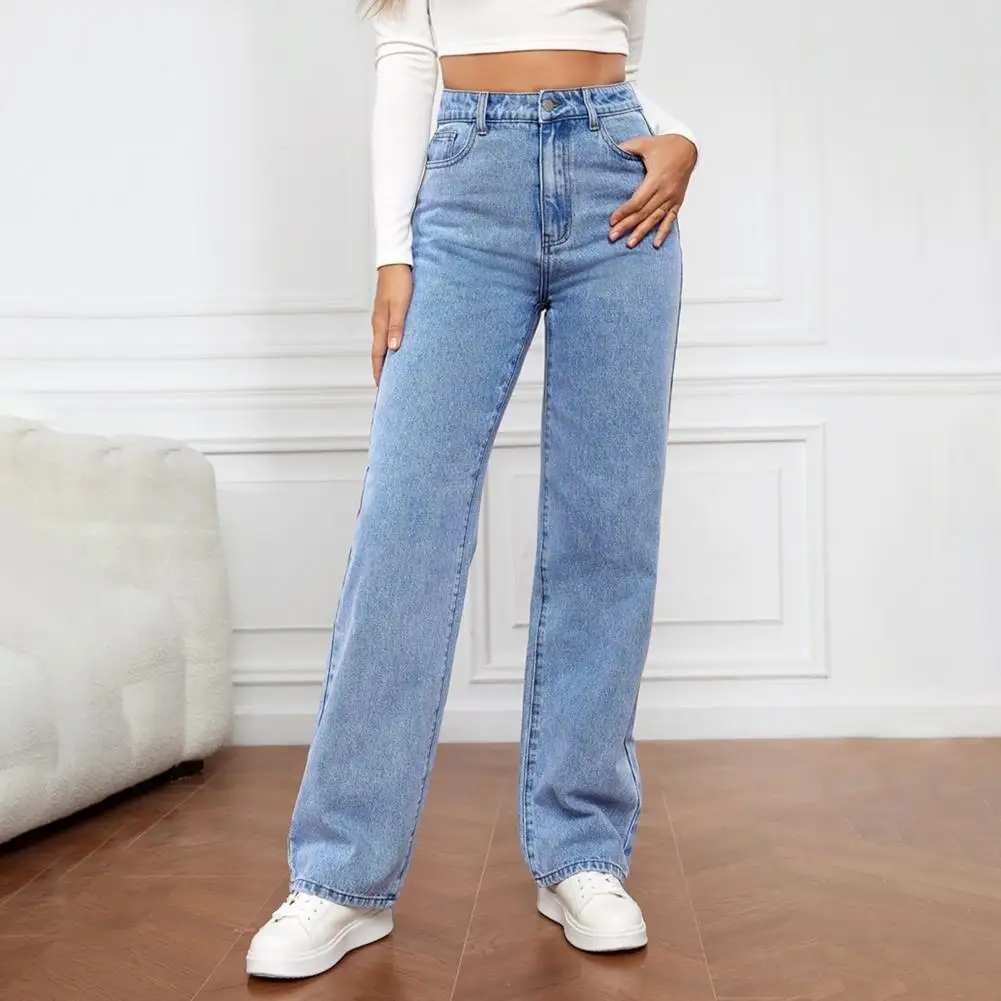 

Women Jeans High Waist Zipper Button Closure Solid Color Leg Retro Straight Pockets Soft Colorfast Lady Full Length Denim Pants