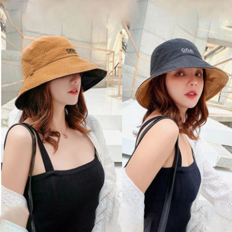 Double-sided Letter Embroidery Fisherman Hat For Women Outdoor Fishing Cap Casual Panama Bucket Cap Sunscreen Sun Cap