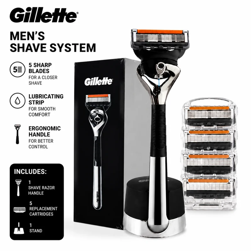 Gillette Fusion5 ProGlide Razor 5 Blades Precision Trimmer Flexible Head Lubrication Strip Anti-Slip Handle Magnetic Stand
