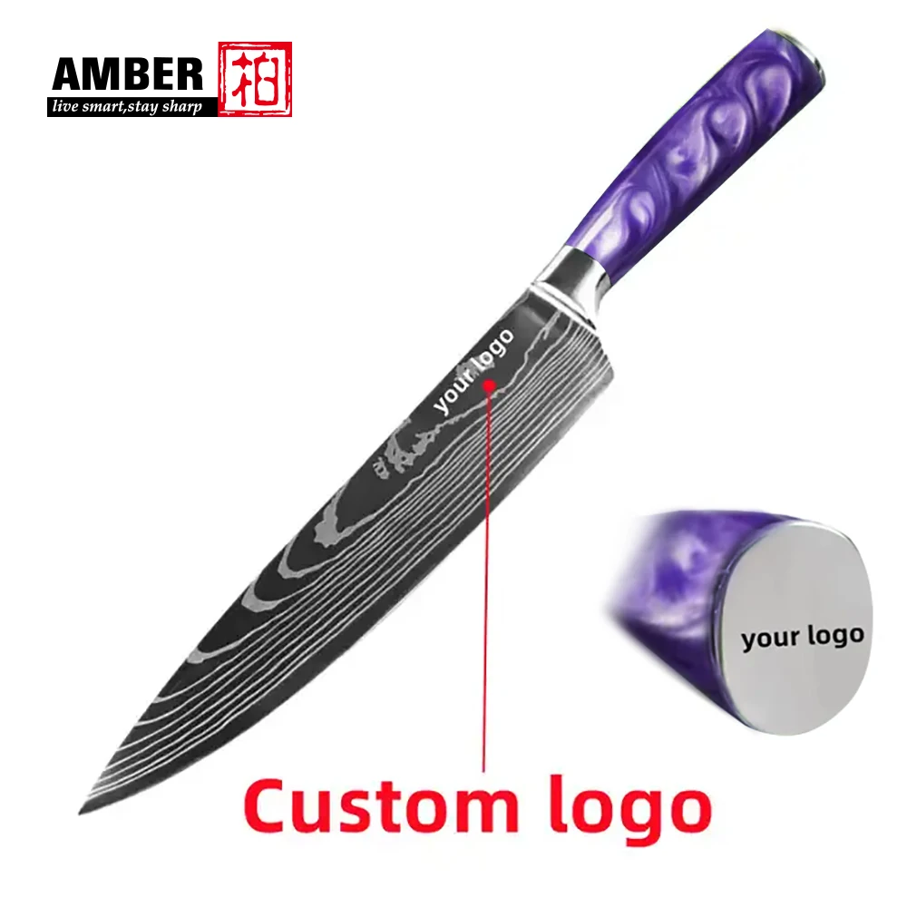 Amber Damascus Laser Pattern Resin Handle Chef Knife High Carbon S/S 4Cr13 Kitchen Knife Set Santoku Knife in Purple color HD