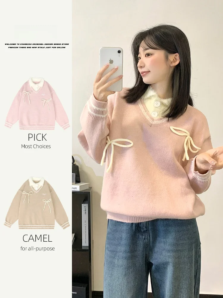 

Вязаный свитер KKyesiou American Sle Vintage с имитацией двухслойности и узлами, унисекс, для пар, повседневный, для поездок на работу, размер L