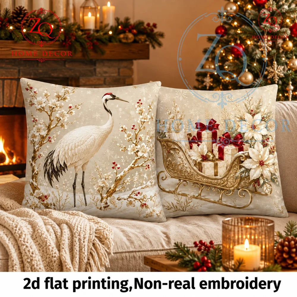 Vintage Christmas Cream White Crane  Sleigh Throw Pillow Covers 18x18 Inch Winter Holiday Cushion Cases  Living Room Decor