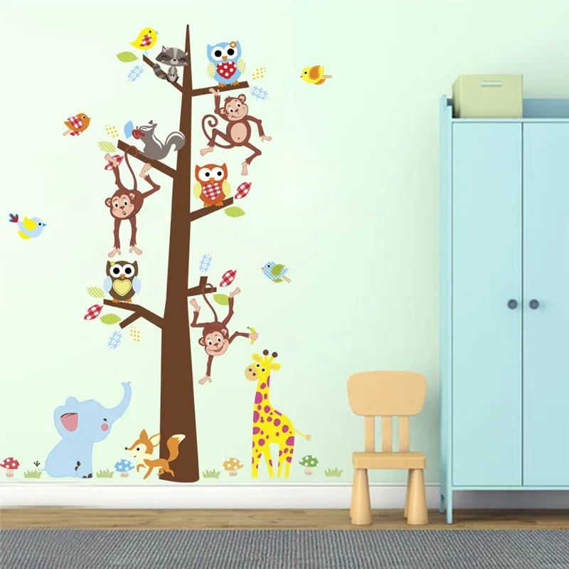 

Cute Animals Big Tree Wall Sticker For Kids Room Bedroom Kindergarten Home Decor Giraffe Cartoon Safari Mural Art Decals