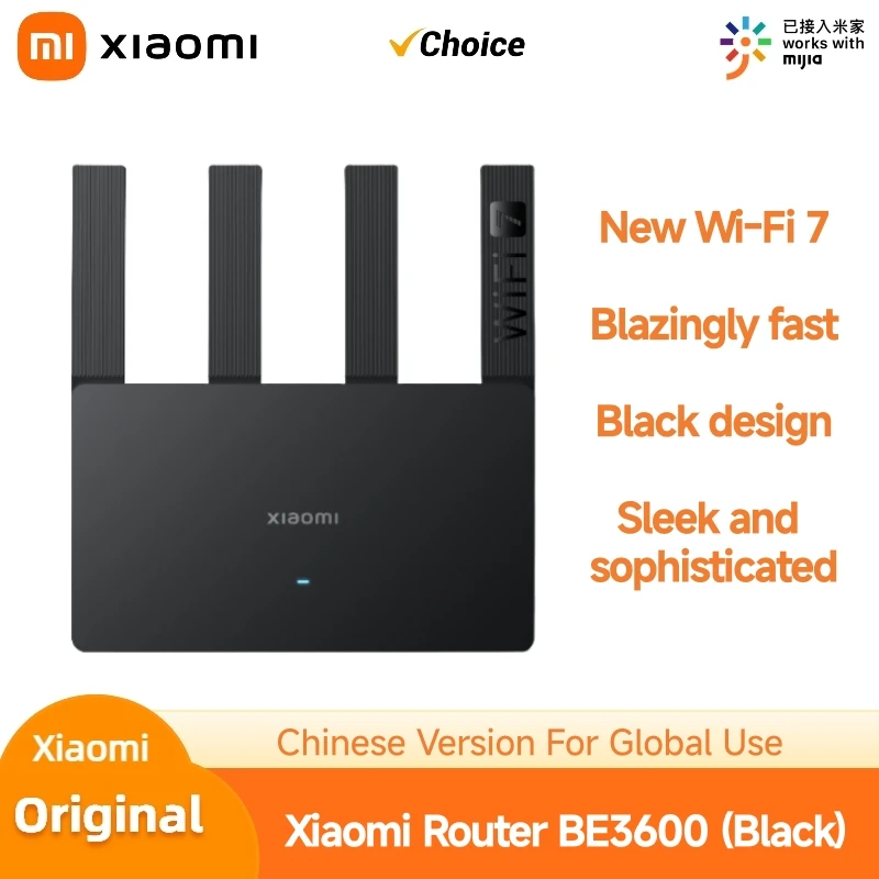 Xiaomi BE3600 WiFi 7 Black Router Sleek‑look Dual Band 2.4/5GHz 3570Mbps Mesh Game Accel 2.5G Ethernet Port 160MHz Repeater