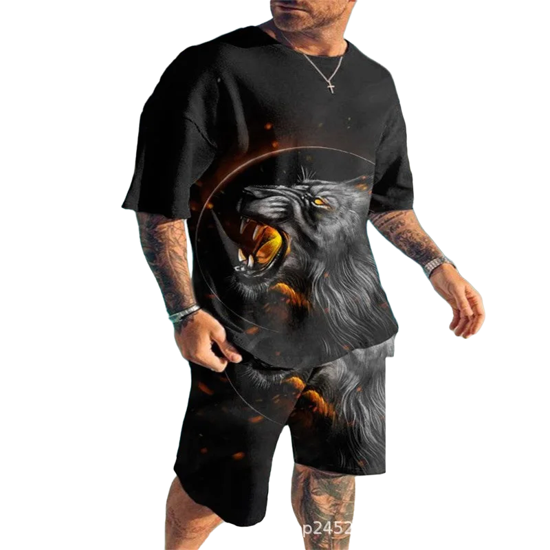 

Летний спортивный костюм Ferocious Tiger, костюм с 3D принтом, повседневная мужская футболка, мужская спортивная одежда с коротким рукавом, комплект одежды из 2 предметов