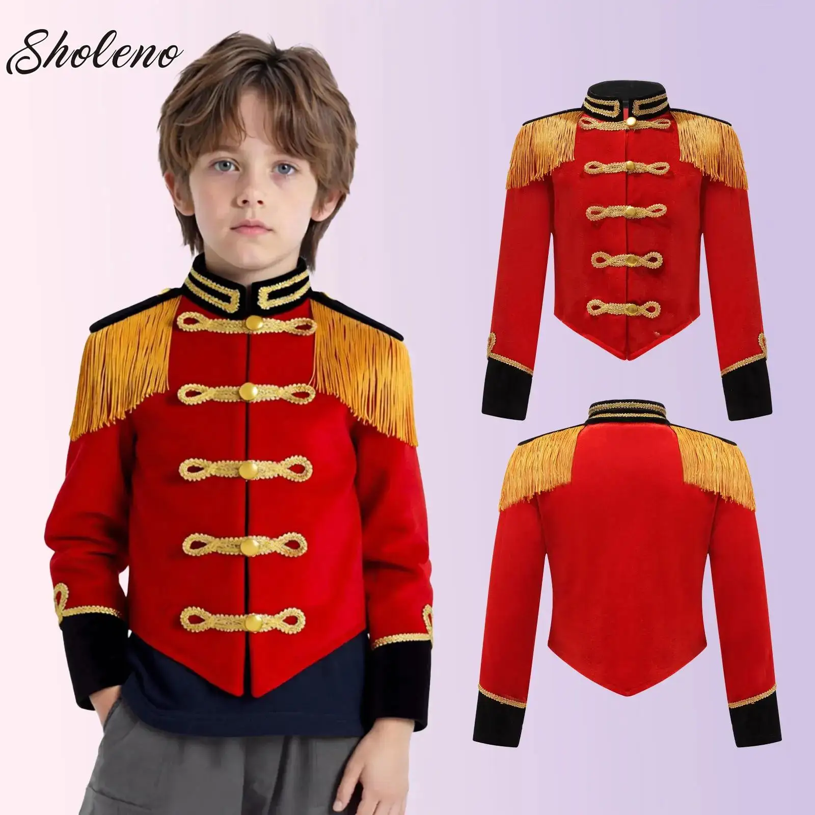 

Boys Girls Circus Costume Ringmaster Jacket Tops Long Sleeve Majorette Fringed Shoulder Board Velvet Coat for Halloween Carnival