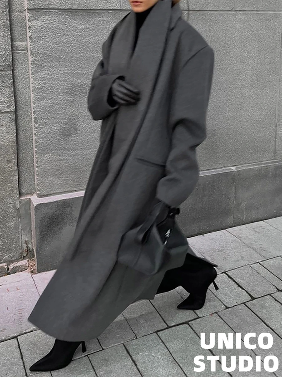 

Elegant Scarf Design Loose Straight Cut Slimming Woolen Coat Outerwear Long Sleeve Commute Style Navy Collar Pure Color