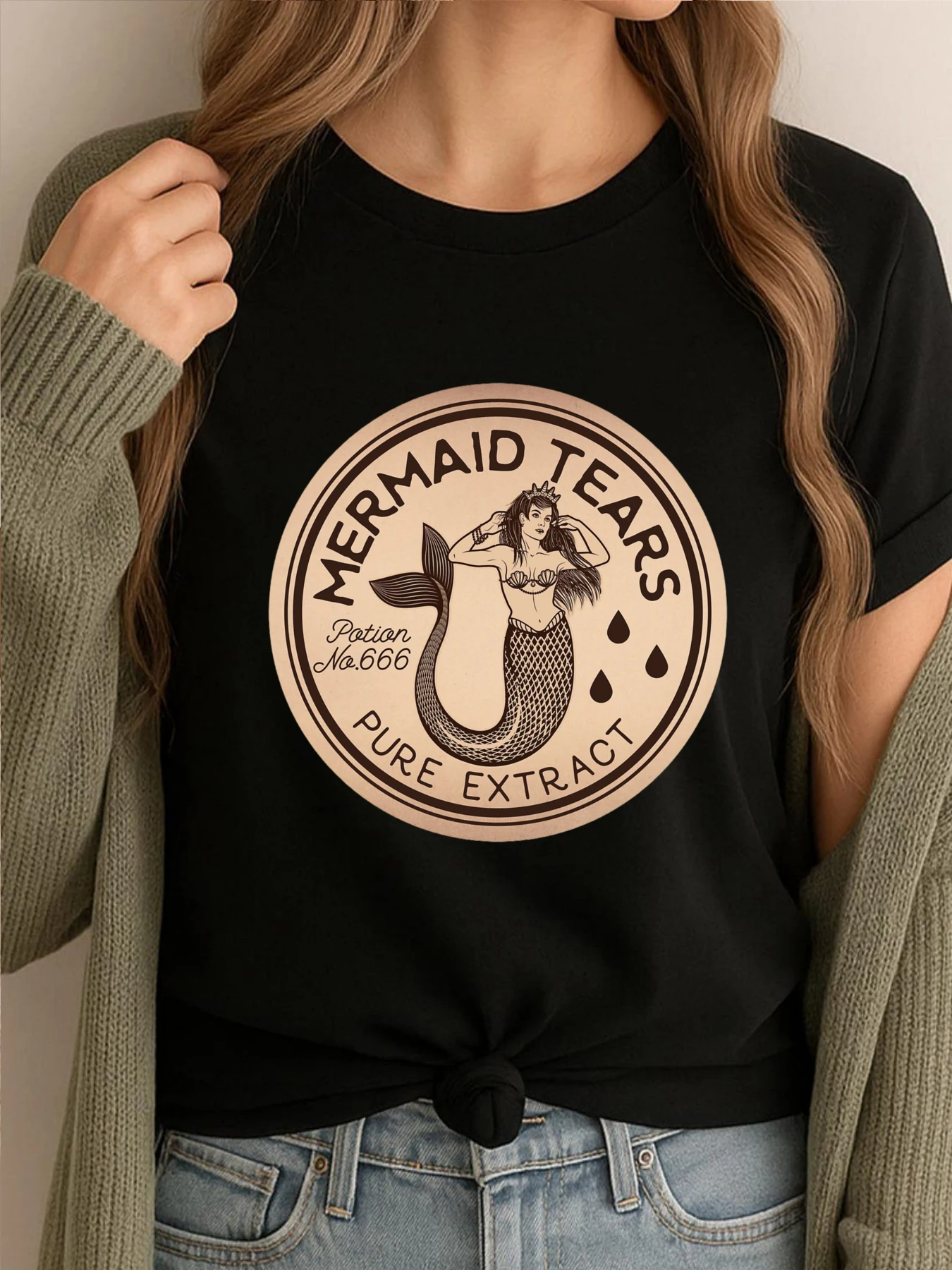 Mermaid Tears Potion Vintage Label White Graphic Tee Shirts For Women Vintage Tees Luxury Clothes Gothic Style