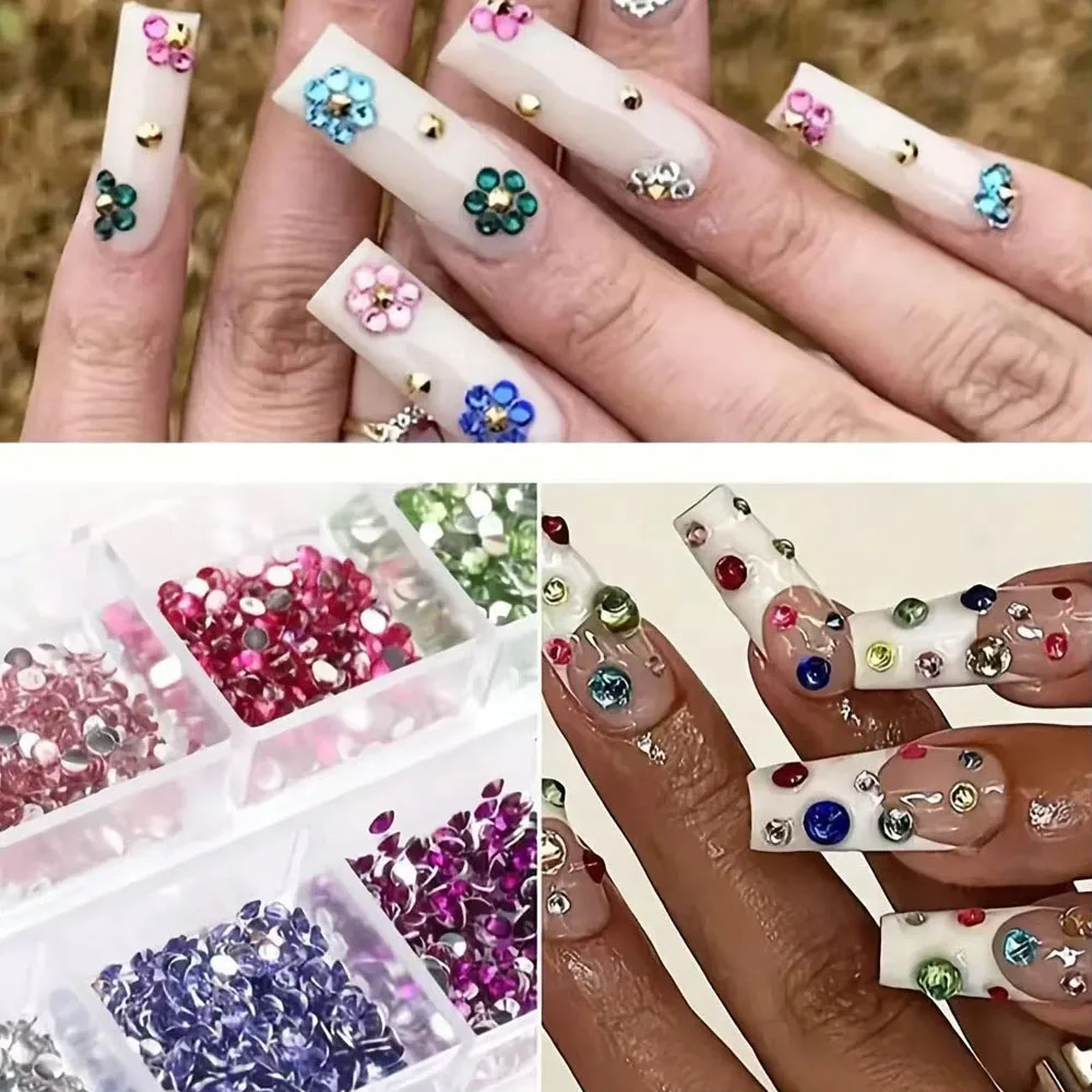 2 caixas de strass com parte traseira lisa com ferramentas pontilhadas de ponta dupla, pedras preciosas de diamante de cristal colorido para manicure, artesanato, decoração de arte de unha