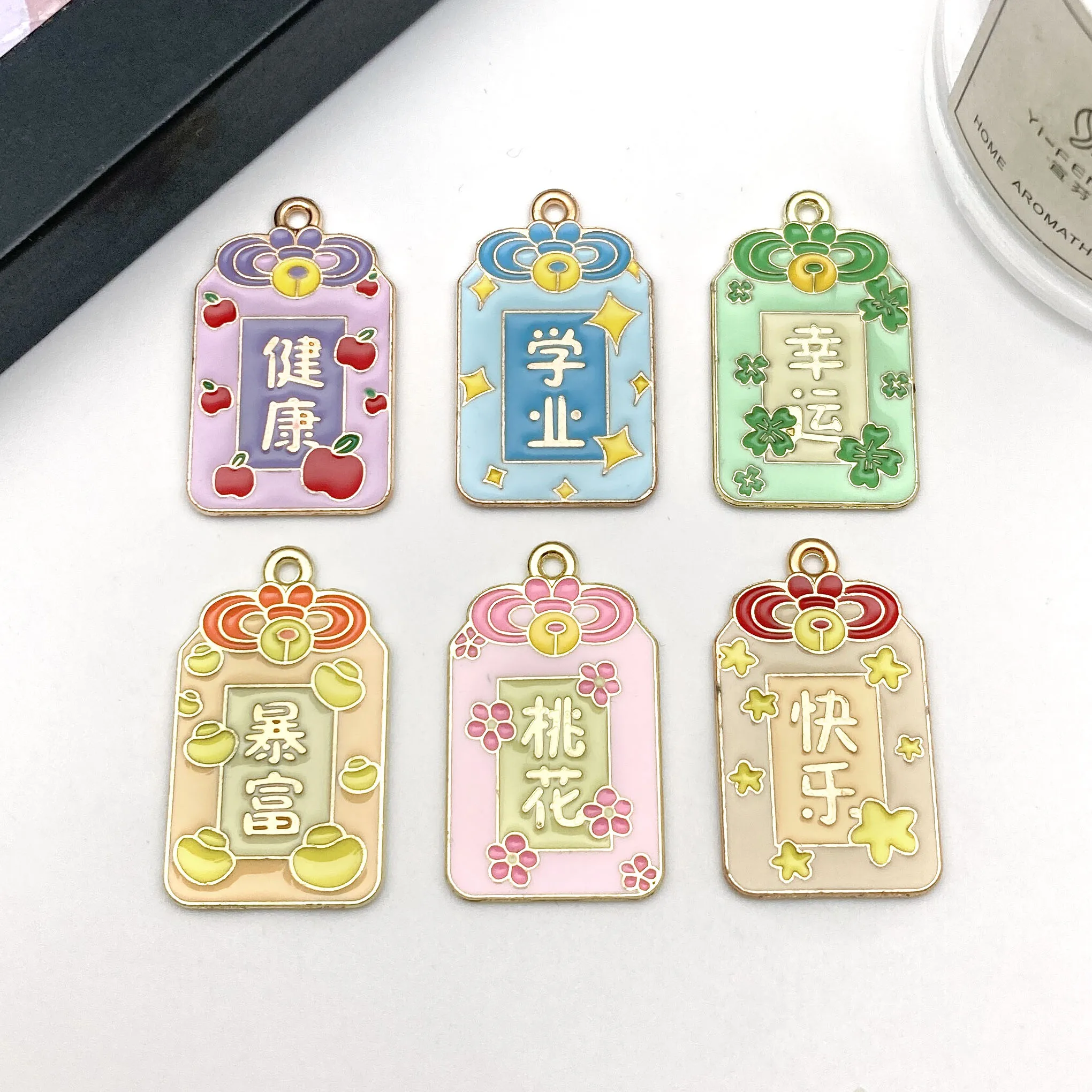 3/6pcs Double Sided Enamel Lucky Charm Pendants - Good Fortune Charms for DIY Jewelry Making Necklace Bracelet Earring