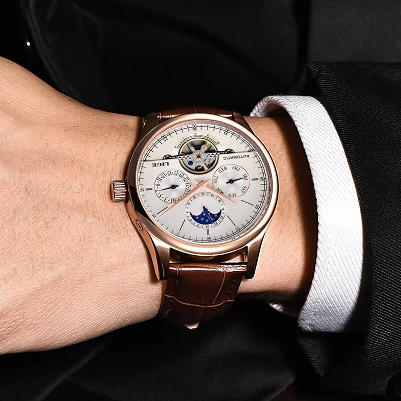 LIGE ريترو ساعات المعصم الميكانيكية للرجال موضة التلقائي توربيون ساعة رجال الأعمال مقاوم للماء ساعة للرجال Montre أوم