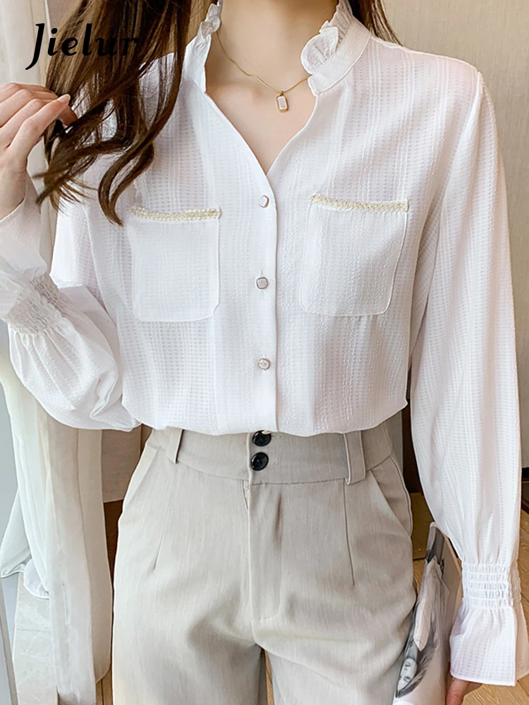 

Jielur Spring Women V-Neck White Blouse Shirt Women Tops Long Sleeve Chiffon Blouse Women Blusas Mujer De Moda 2022 Blouses