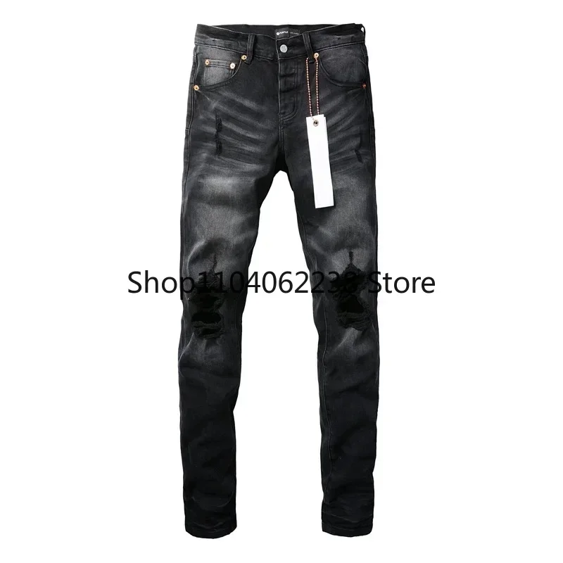 Purples Jeans Men Fashion high quality High Street Black brands Hole Repair Low Rise Skinny Denim pants