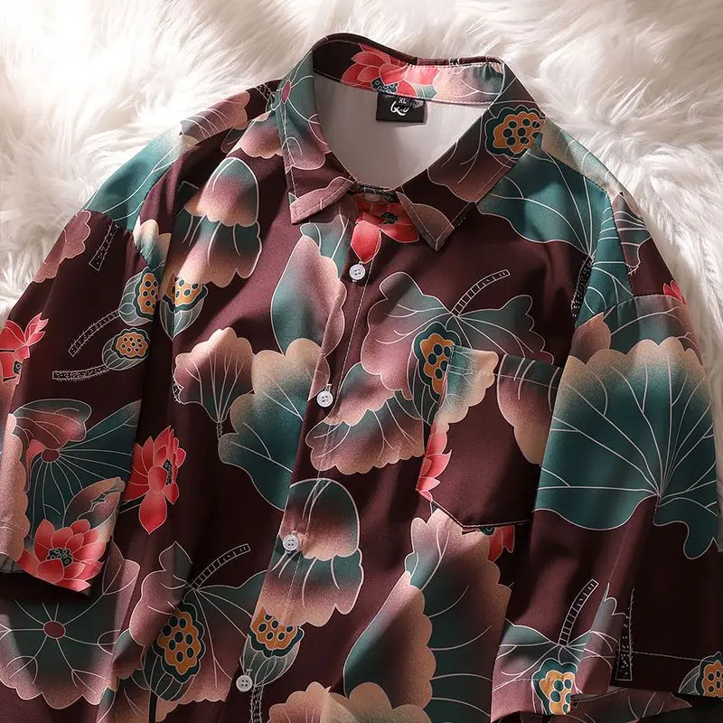 

Retro vintage lotus leaf all-over printed short-sleeved shirt for women summer fashion brand loose casual Cuban collar drape