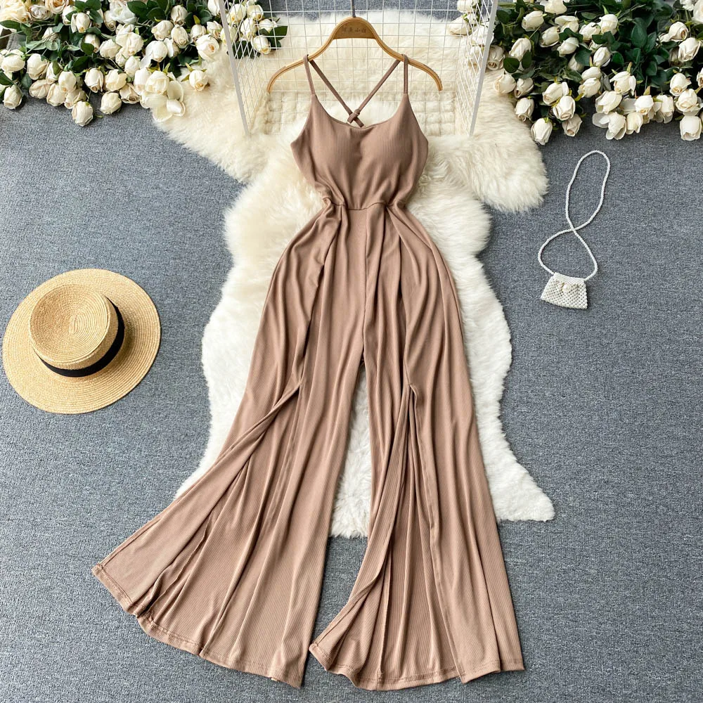 Atasan Jumpsuit wanita backless, Jumpsuit elegan pinggang tinggi lipit celana kaki lebar musim panas