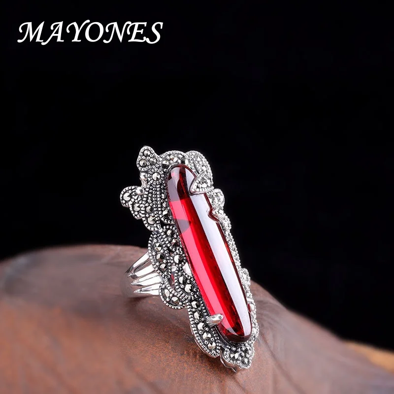 original 925 Sterling Silver Inlay Red Garnet Big Oval Rings For Women Vintage Punk Style Handmade Bijoux Indian Jewelry