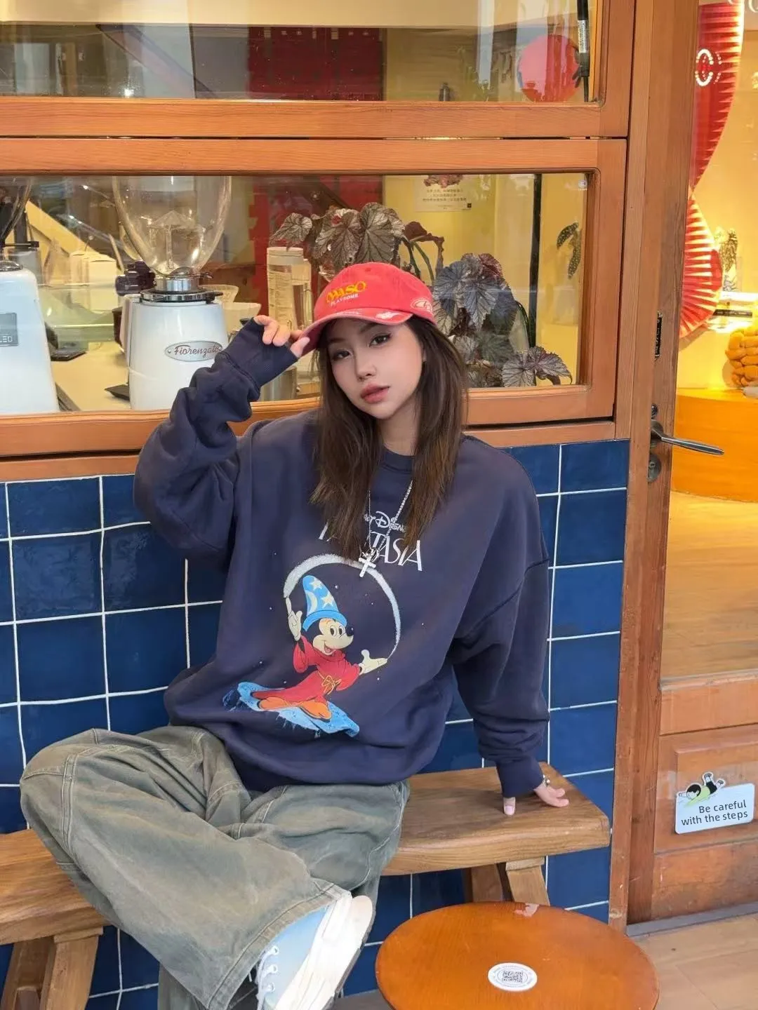 

Мужской свитшот American Style свободного кроя с круглым вырезом, винтажный, с мультяшным принтом, повседневный, удобный, из хлопка и полиэстера