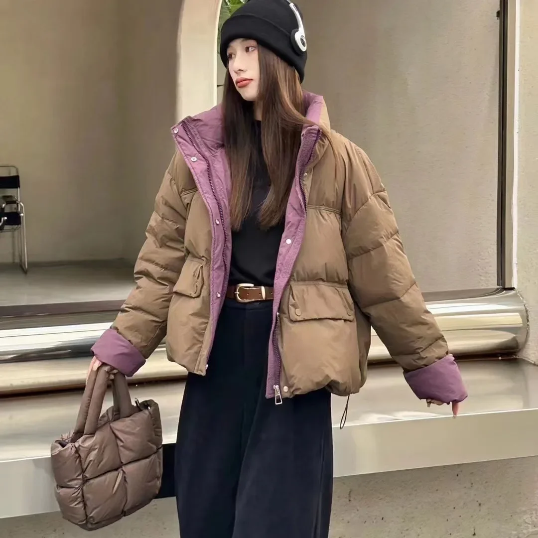 

Short Down Jacket Women Winter 2024 Korean Fashion Contrasting Colors Puffer Coat Stand Collar Windproof Causal Parkas Outwear