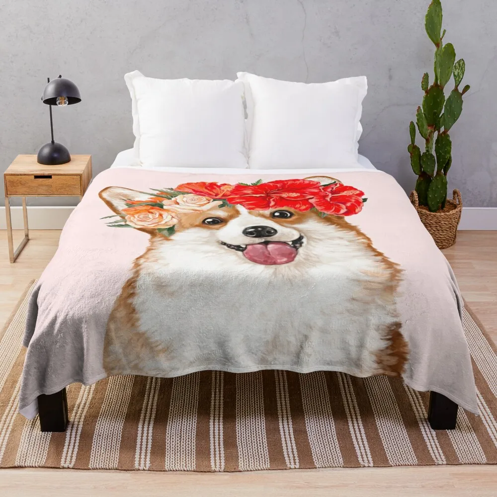 

Corgi with Flower Crown in Pink Throw Blanket For Sofa Thin Furrys Blankets