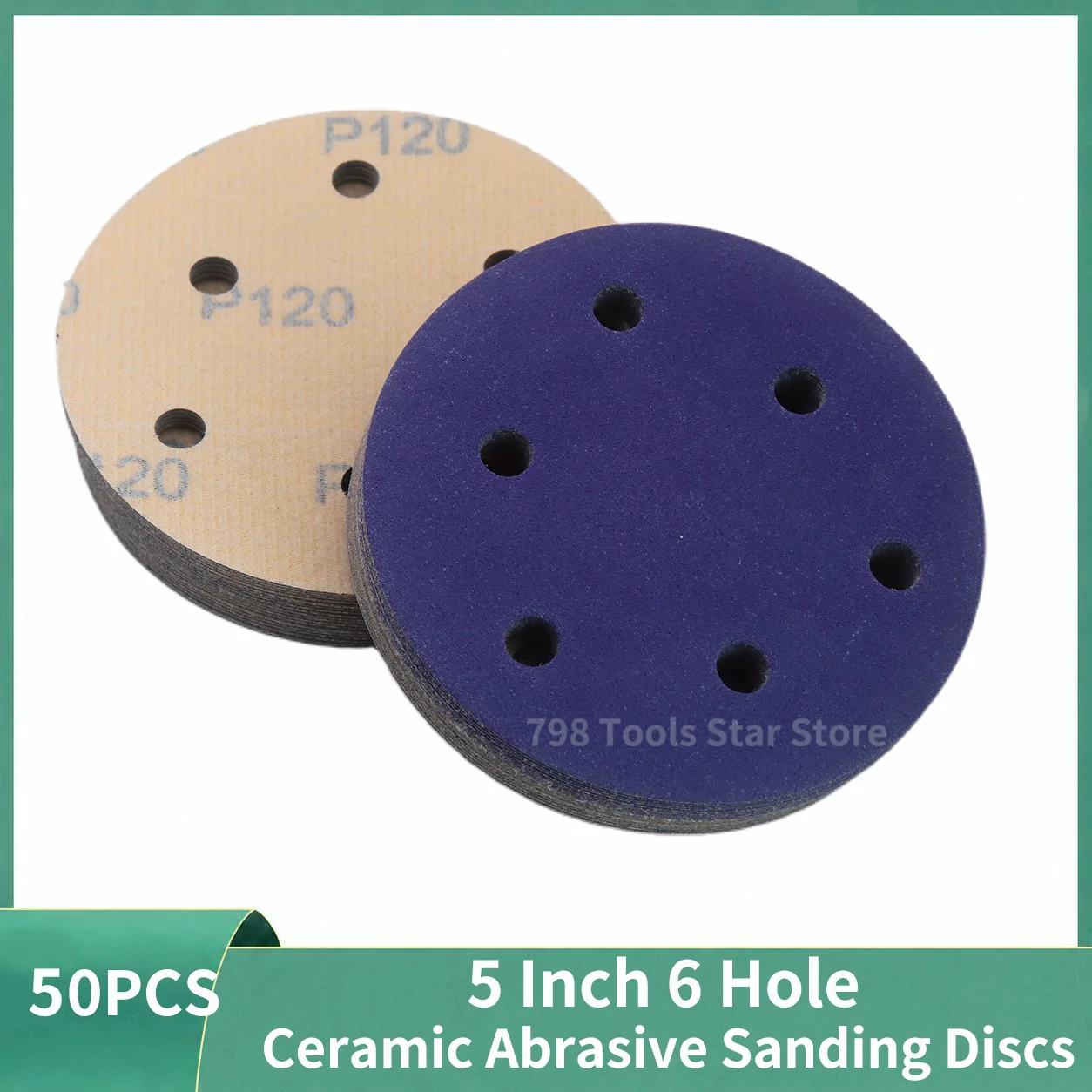 50PCS 5 Inch 6 Hole 125mm Ceramic Abrasive Purple Paper Hook and Loop Sanding Discs 40-2000Grit Dry Sanding for Auto Metal Wood