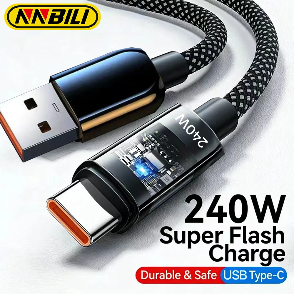 NNBILI USB A to USB C Quick Charging Cable 240W Braided Transparent USB C to Type C Charger for Samsung S26 Huawei Mi Data Line