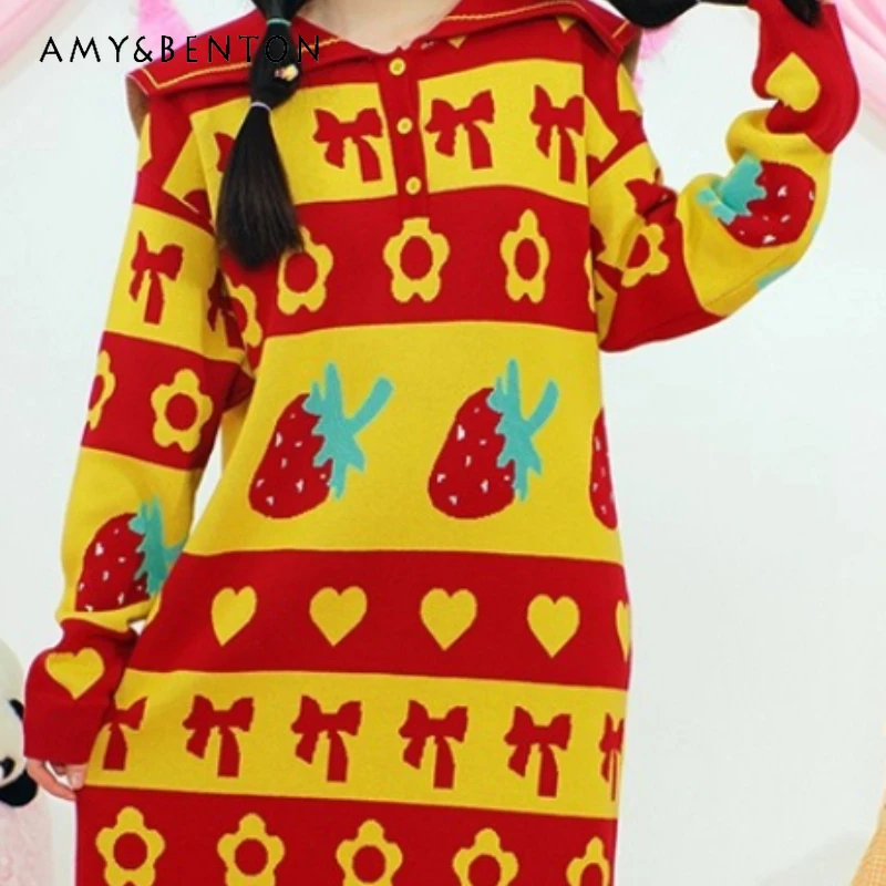 

Original Design Knitted Fruit Print Long Women's Sweater Dress Winter Japanese Cute Loose Slimming Versatile Long Dresses Ladies
