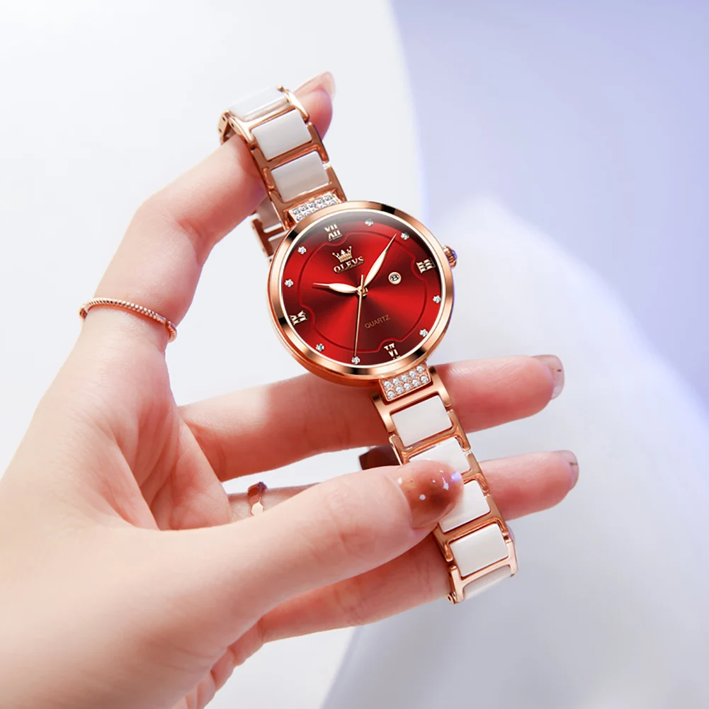 OLEVS Top Brand Watch for Women Luxury Jewelry Design Rose Ceramics Quartz Wristwatches Waterproof Fashion Ladies Watches