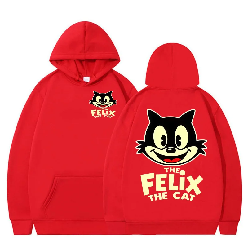 Modisches Felix-Sweatshirt mit Katzenmuster, schwarz, lockere Passform, Kapuzenpullover in Übergröße, klassisches, mit Cartoon-Fleece gefüttertes Sweatshirt