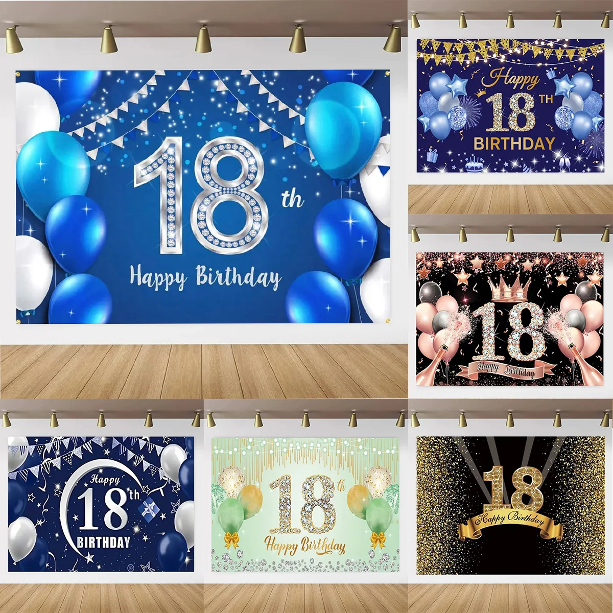 

18th Birthday Party Backdrop Black Gold Glitter Balloon Boys Girls 18 Years Old Birthday Celebration for Photography Backdrop