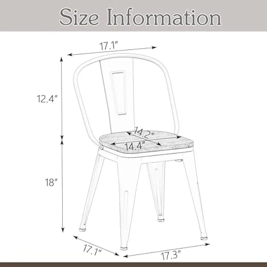18inch Metal Dining Chair Set of 4 High Back Classic Chic Iron Farmhouse Chairs Industrial Stackable Coffee Stools Bistro Cafe Side Barstools Wood Seat-White