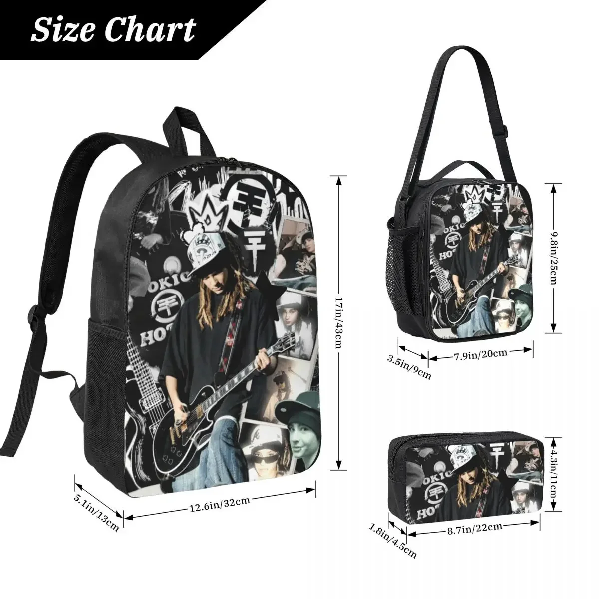Tokio Hotel Tom Kaulitz Music Band Backpack Boys Girls BookBag School Bag Shoulder Bags 3ps Insulated Lunch Bag Pencil Case