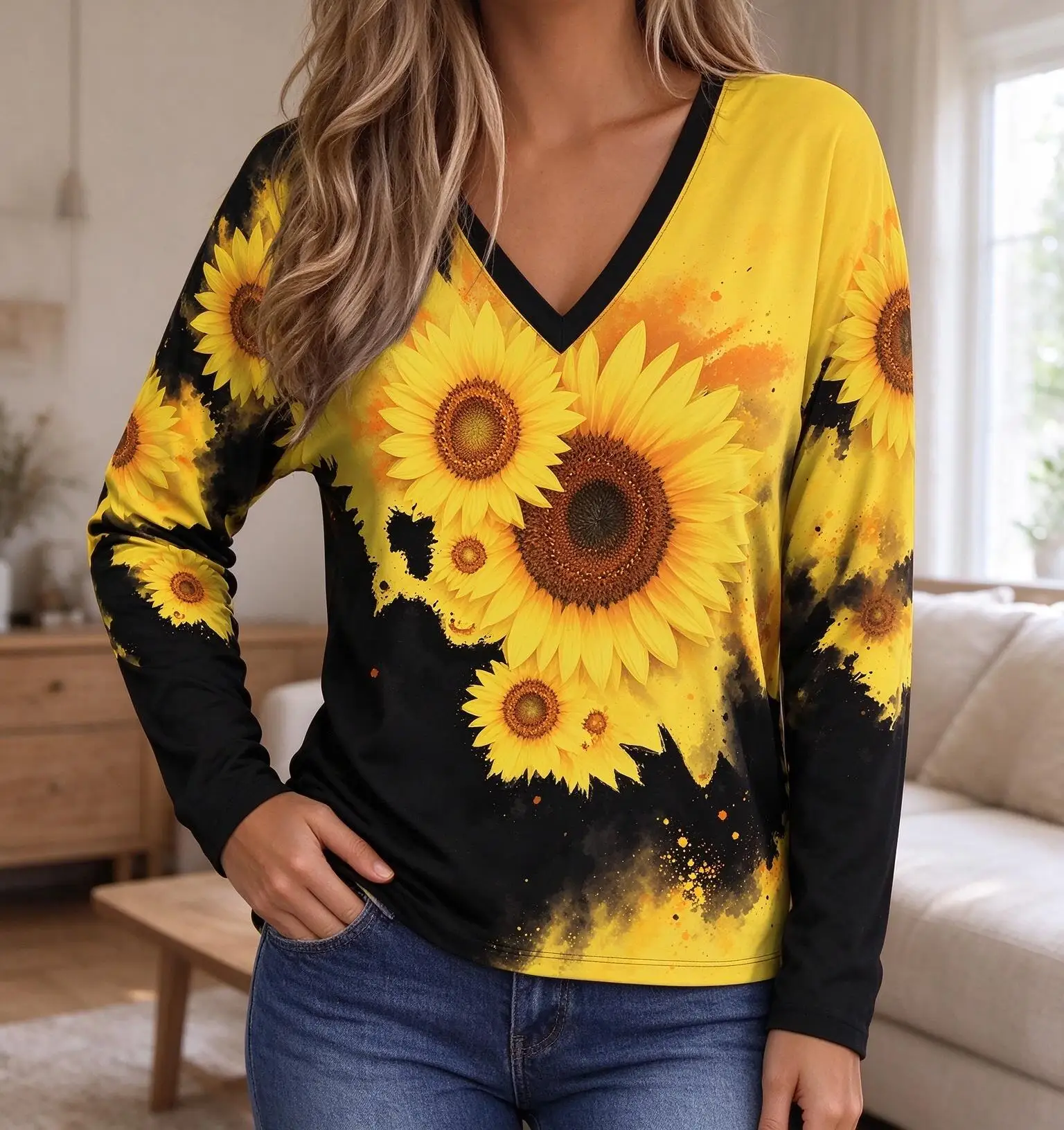 Women V Neck Long Sleeve Sunflower Red Chili Ink Splash Print Casual Top
