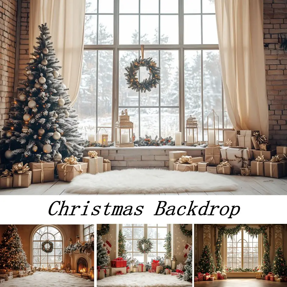 

Christmas Large Window Backdrop Xmas Tree Gifts Christmas Room Decor Festival Portrait Photography Background Photo Studio Props
