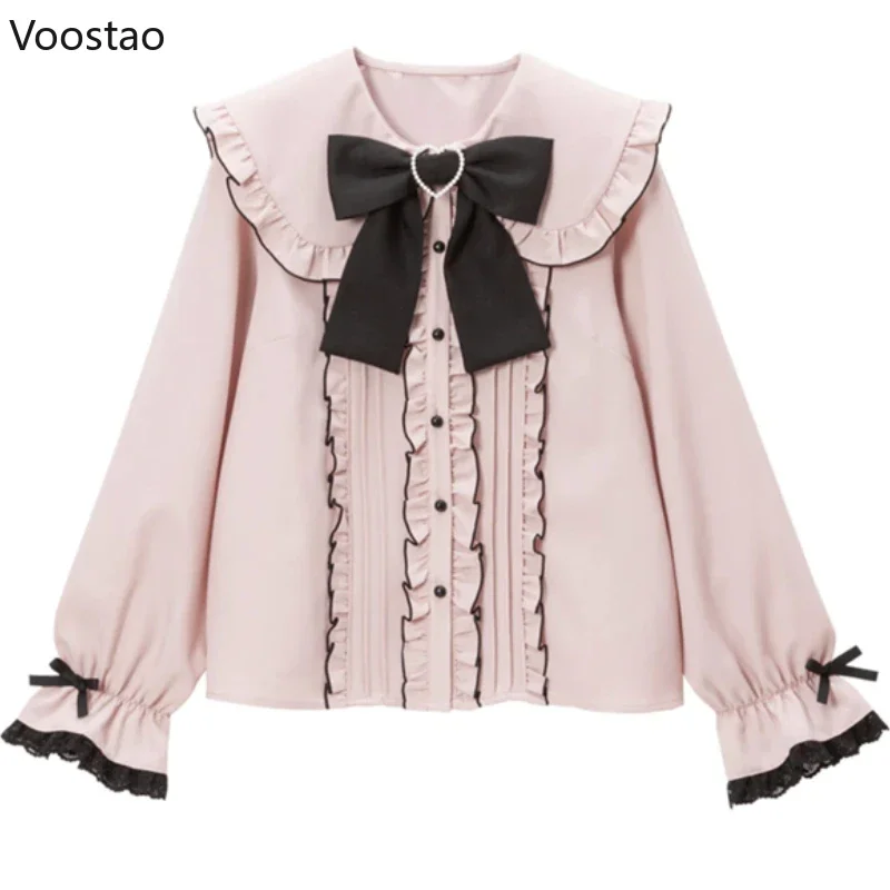 Autumn Sweet Y2k Lolita Shirts Women Casual Chic Bow Hearts Buckle Blouse Japanese Office Ladies Kawaii Long Sleeve Elegant Tops