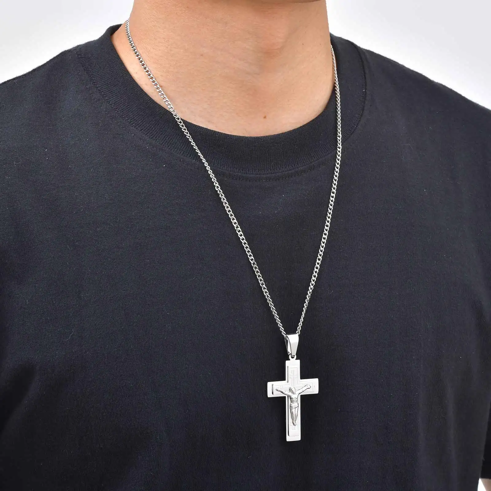 Kruzifix-Kreuz-Halskette für Männer, silberfarbener Edelstahl-Kreuzanhänger, ethnischer Glaubensschmuck – Detail 4