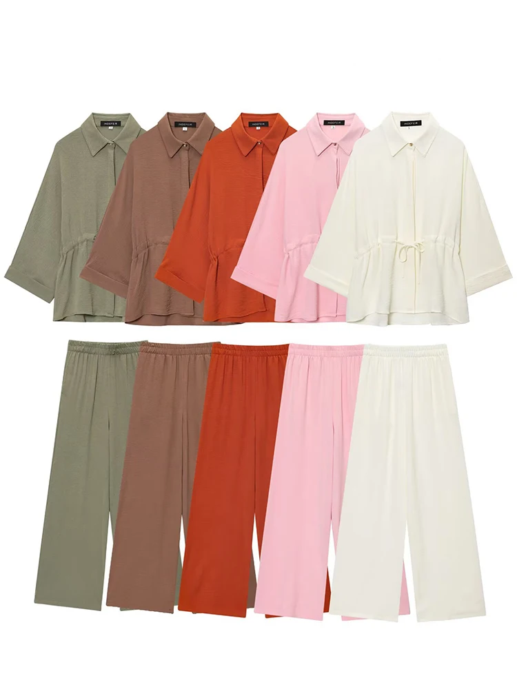 

HH Women Fashion Versatile Lapel Pull Rope Belt Single-Breasted Decorate Shirt+Elastic Waist Casual Wide-Leg Long Pants Suit