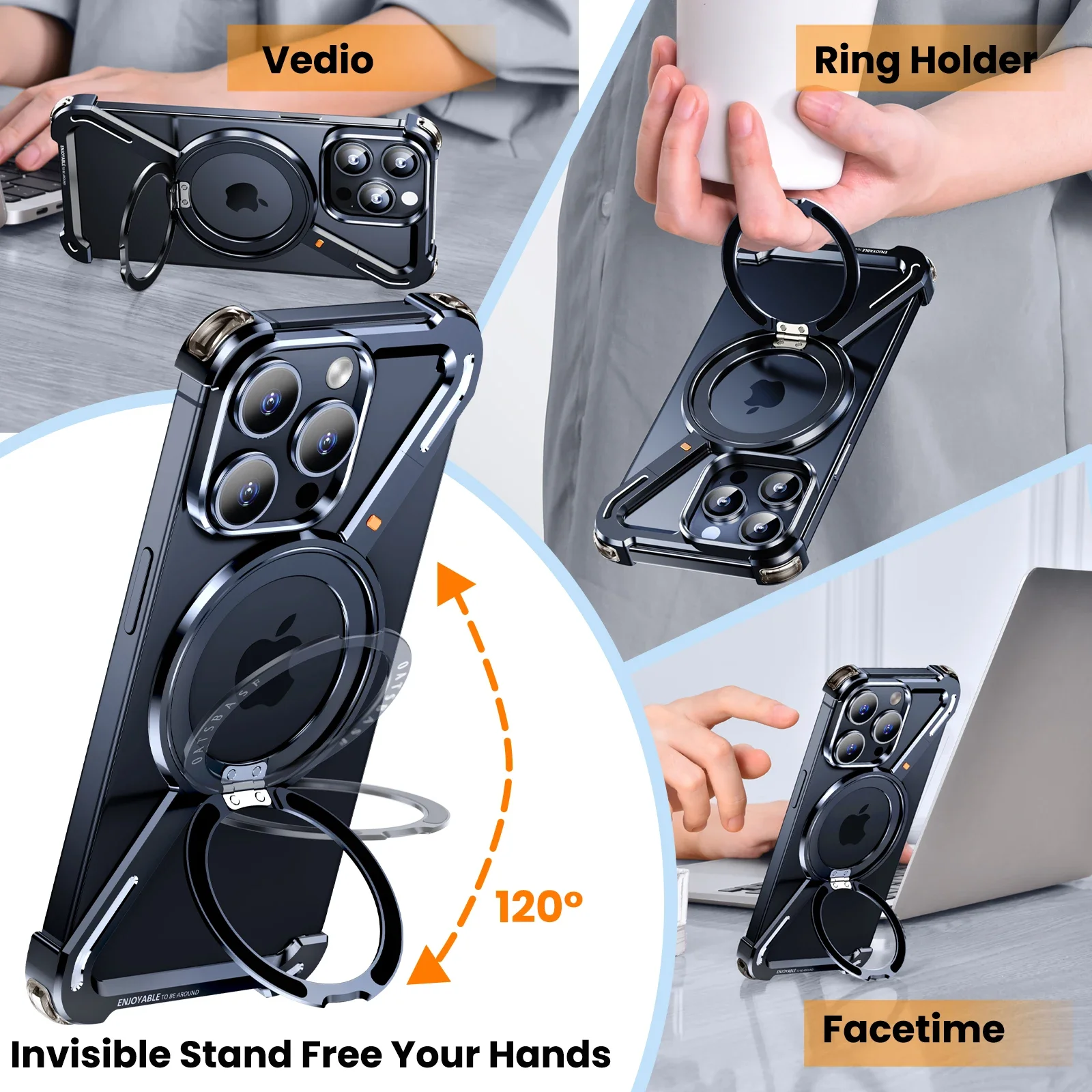 Oatsbasf Z Shape Metal MagsafePhone Case for iPhone14/Plus/Pro/Pro Max Magnetic Bumper w/ 360° Rotation Holder Protective Case