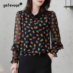 Autumn Women's New Black Bottom Flower Shirt Fashion Print Long Sleeve Ruffle Lace Comfortable Shirt Vintage Chiffon Shirt