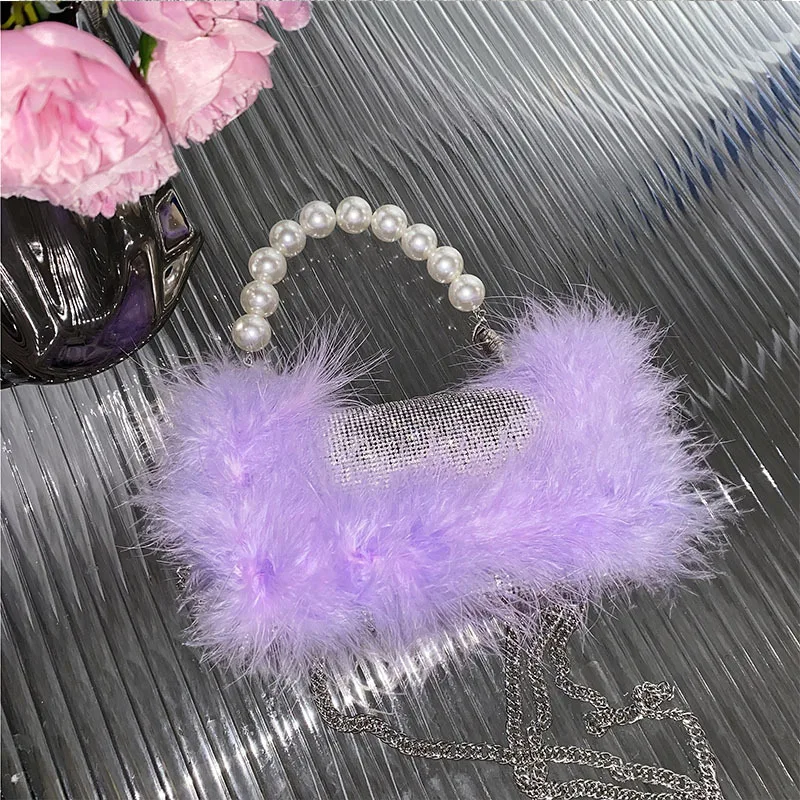 

Ostrich Feather Dinner Full Diamond Plush Rhinestone Pearl Flip Furry Clutch Messenger Bag