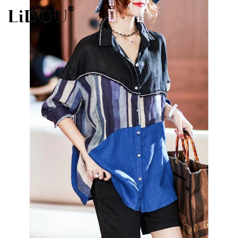

2023 Spring Autumn New POLO Collar Long Sleeve Button Shirt Women Contrast Color Fashion Printing Diamonds All-match Cardigan