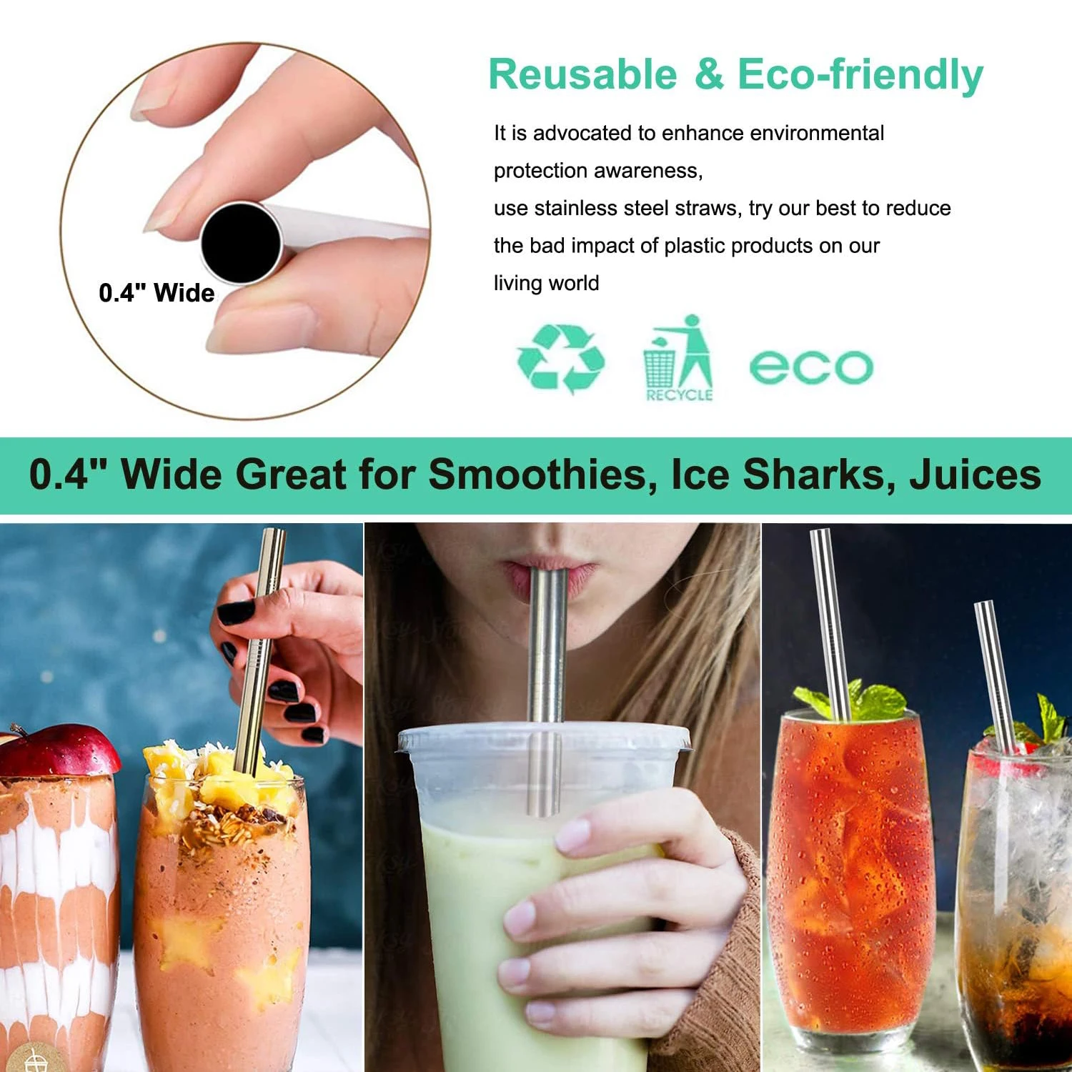 Stainless Steel Smoothie Straws, 0.4\'\' Extra Wide Reusable Metal Drinking Straws for Smoothie, Set of 4 with 1 Cleaning Brush