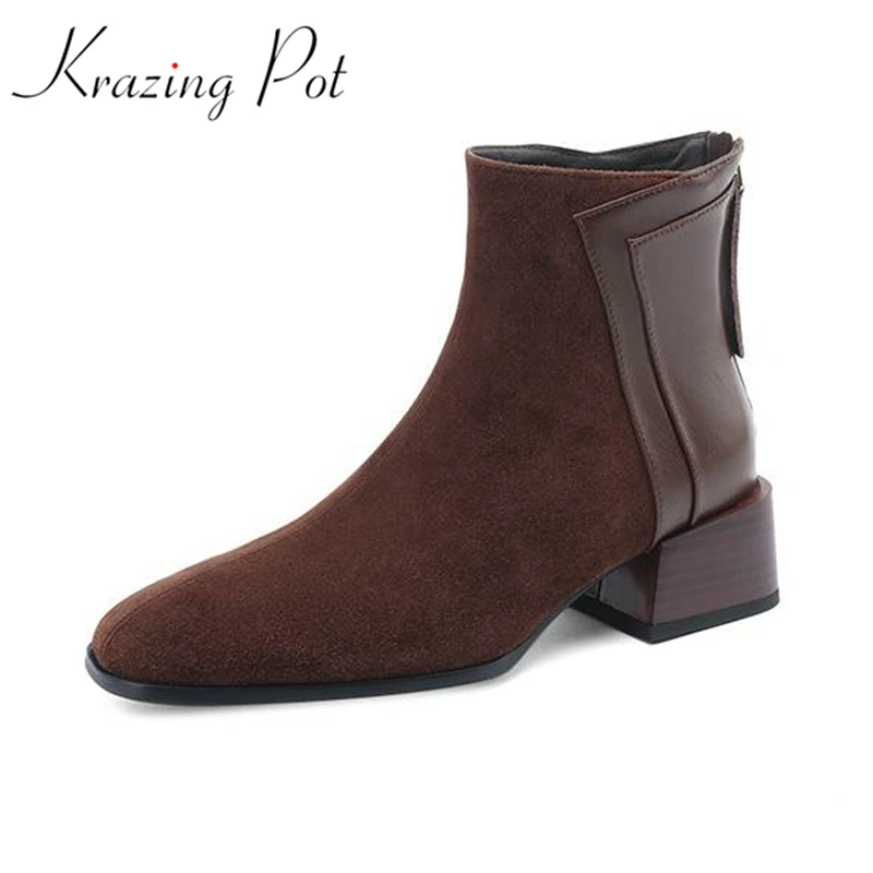 

Krazing Pot Sheep Suede Square Toe Thick Heels Winter Keep Warm Modern Boots Zipper Business Casual Retro Fashion Ankle Boots