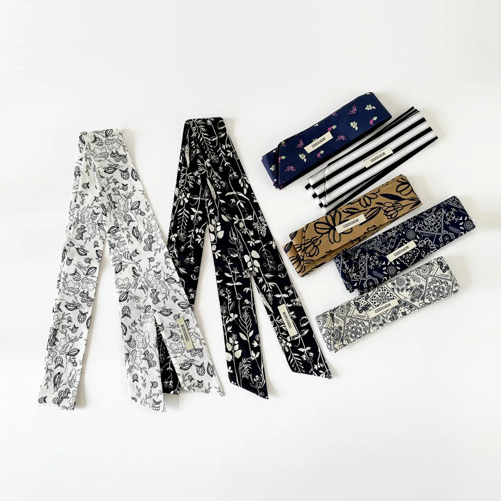 

Summer Cotton Small Long Scarf Women's 2025 New Long High-end Plain Color Black and White Polka Dot Double-layer Ribbon Strap