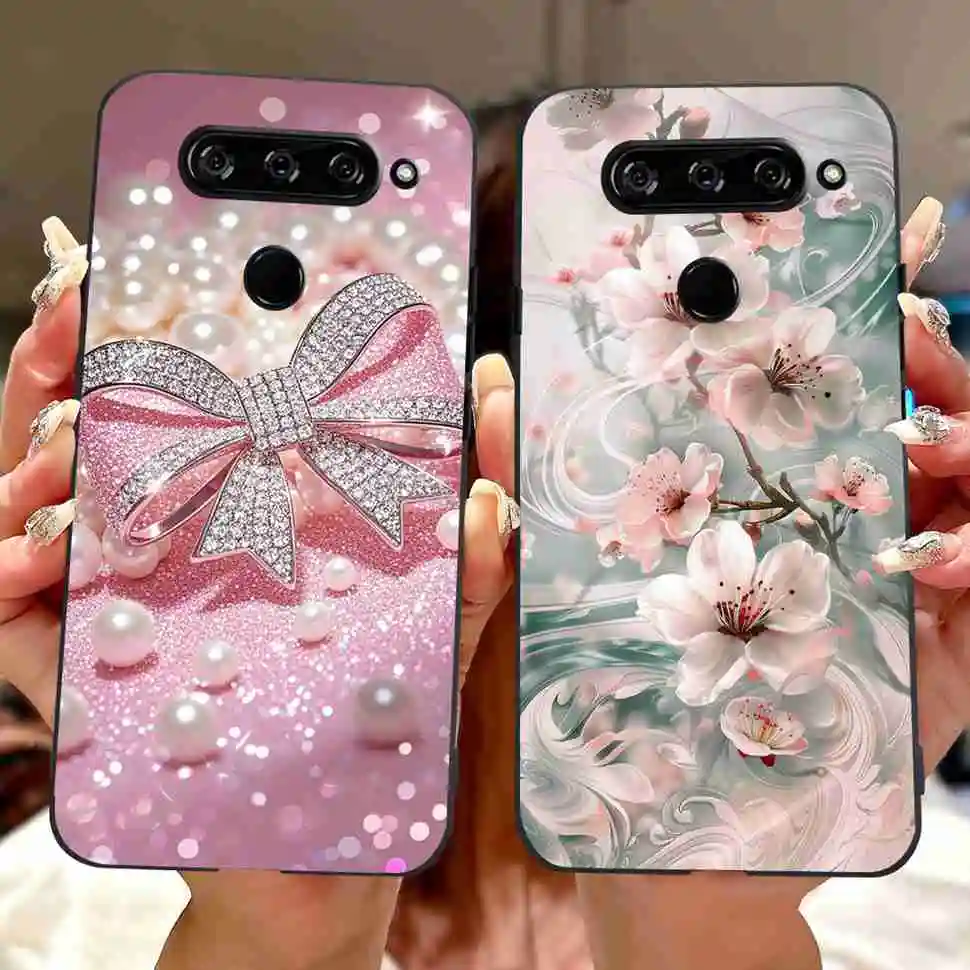 Para LG V40 ThinQ V405 funda de lujo con lazo flor de silicona suave funda de TPU negra para LG V40ThinQ Lg k11 K11 6,4 "fundas protectoras