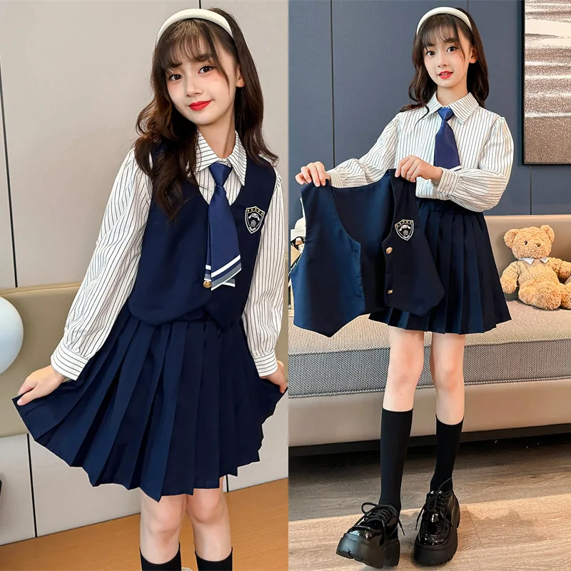 

Academic style teenager girls clothes dress set vest+stripe shirt+tie+Pleated skirt 4pcs 3-15 kid suit children clothing outfits