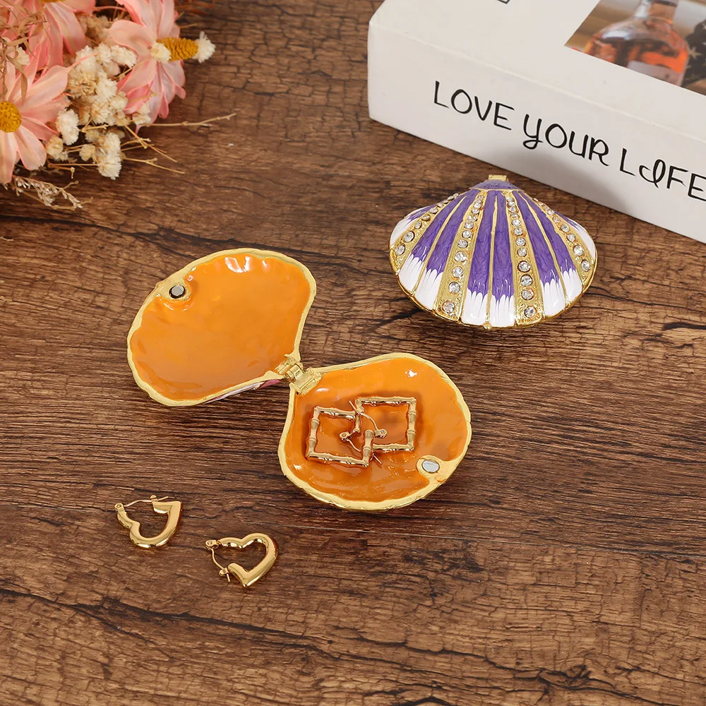 Hand Painted Enameled Shell Style Decorative Hinged Jewelry Trinket Box Unique Gift for Home Decor Birthday Wedding