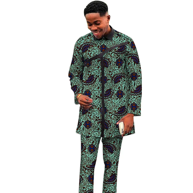 

Tailored Long Shirt Patch Trouser African Male Outfits Block Print Tops&Pants Nigeria Men Fashion Styles Suits