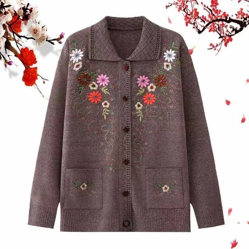 

New Autumn Middle-aged Elderly Women's Embroidery Knit Cardigan Jacket Single-breasted Slim Sweater Coat Thin Grandma Clothing