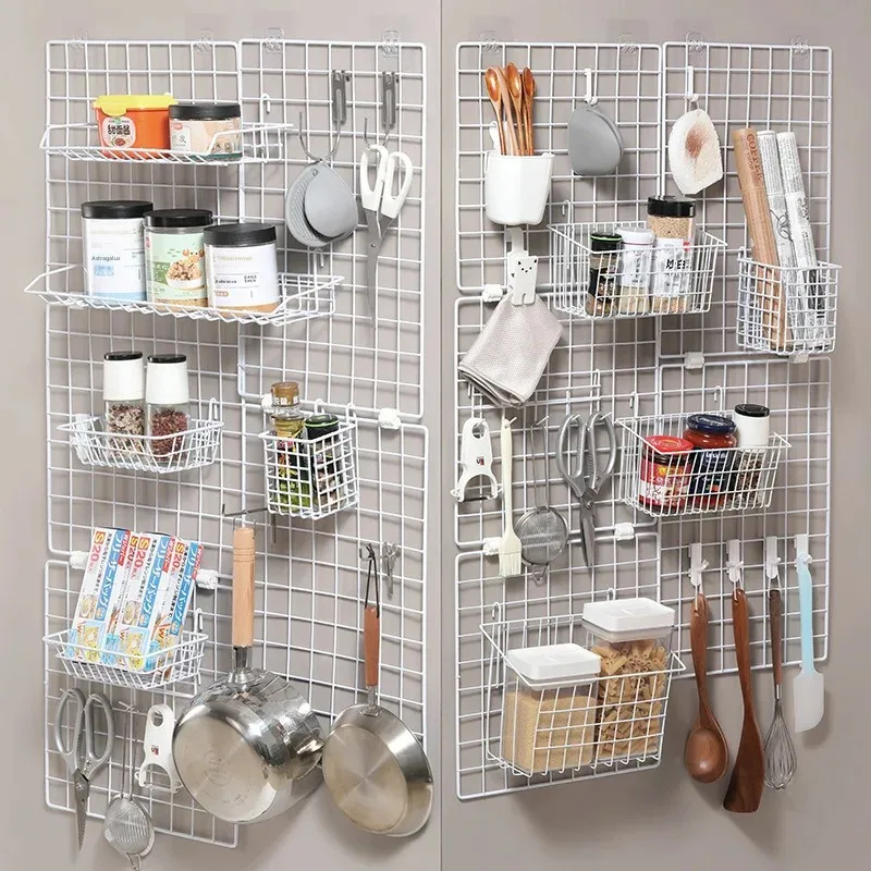 Single Tier Grid Panel Storage Rack Hook Type Diy Photo Wall Iron Wire Plaid White Shelf For Kindergarten Artworks Display